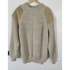 NIFFI Wool Sweater Mens 2XL Beige Heavy Knit Suede Elbow Shoulder Patch England